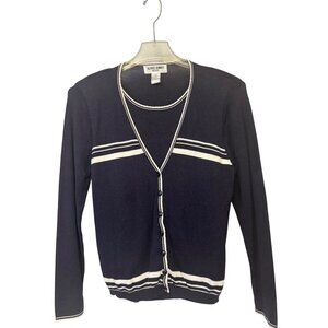 Alfred Dunner Womens Petite Medium Navy Button-Up Cardigan Sweater Striped